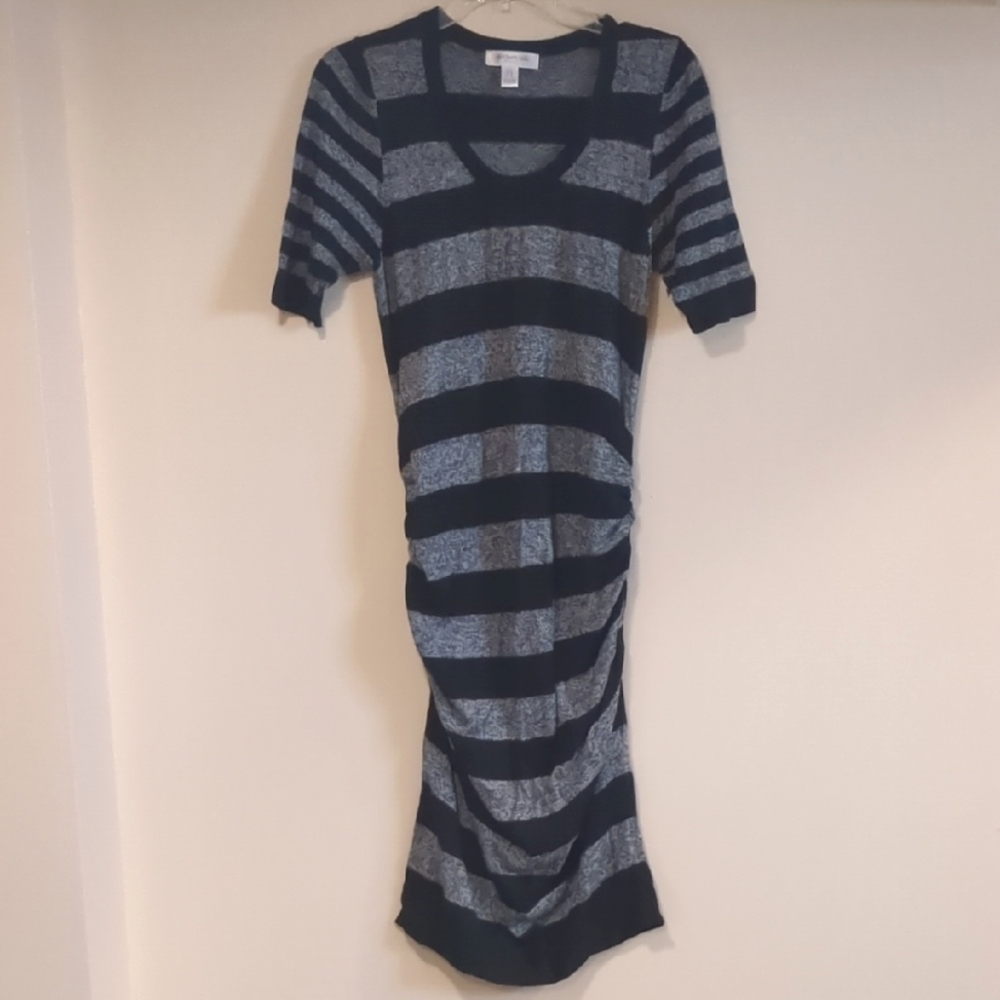 Motherhood Maternity Black And Gray Ruched Bodycon Midi Dress, Striped, Size L
